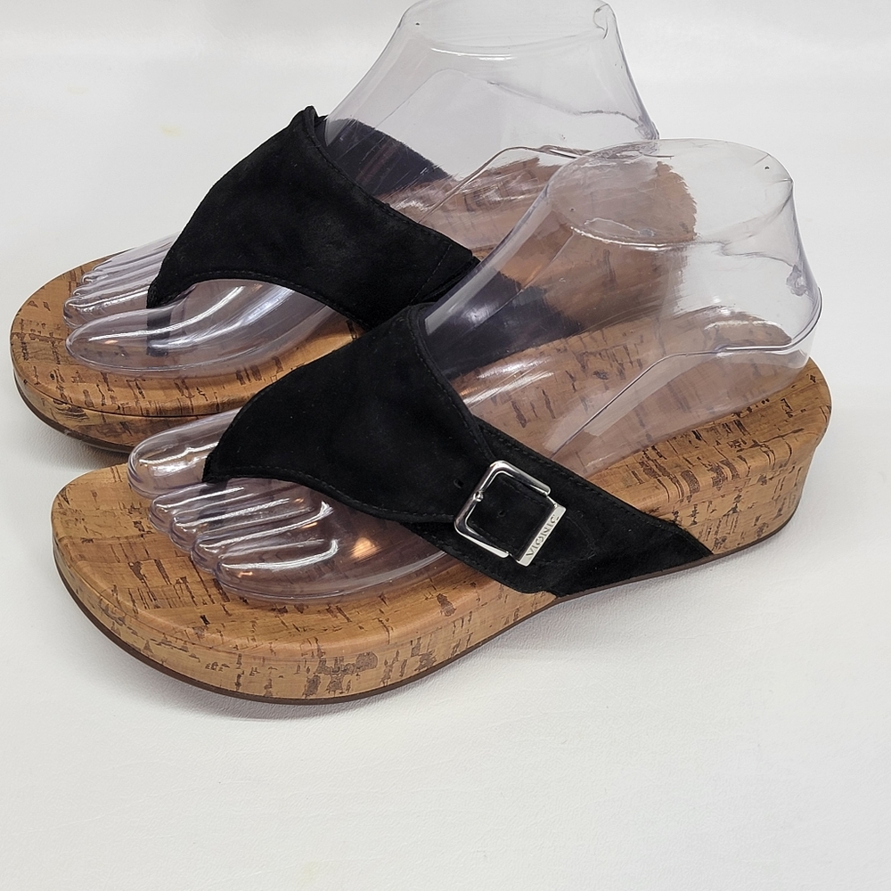 Women's Vionic Black Suede Cork Wedge Flip Flop Sandal Size 7 Marbella the shoes